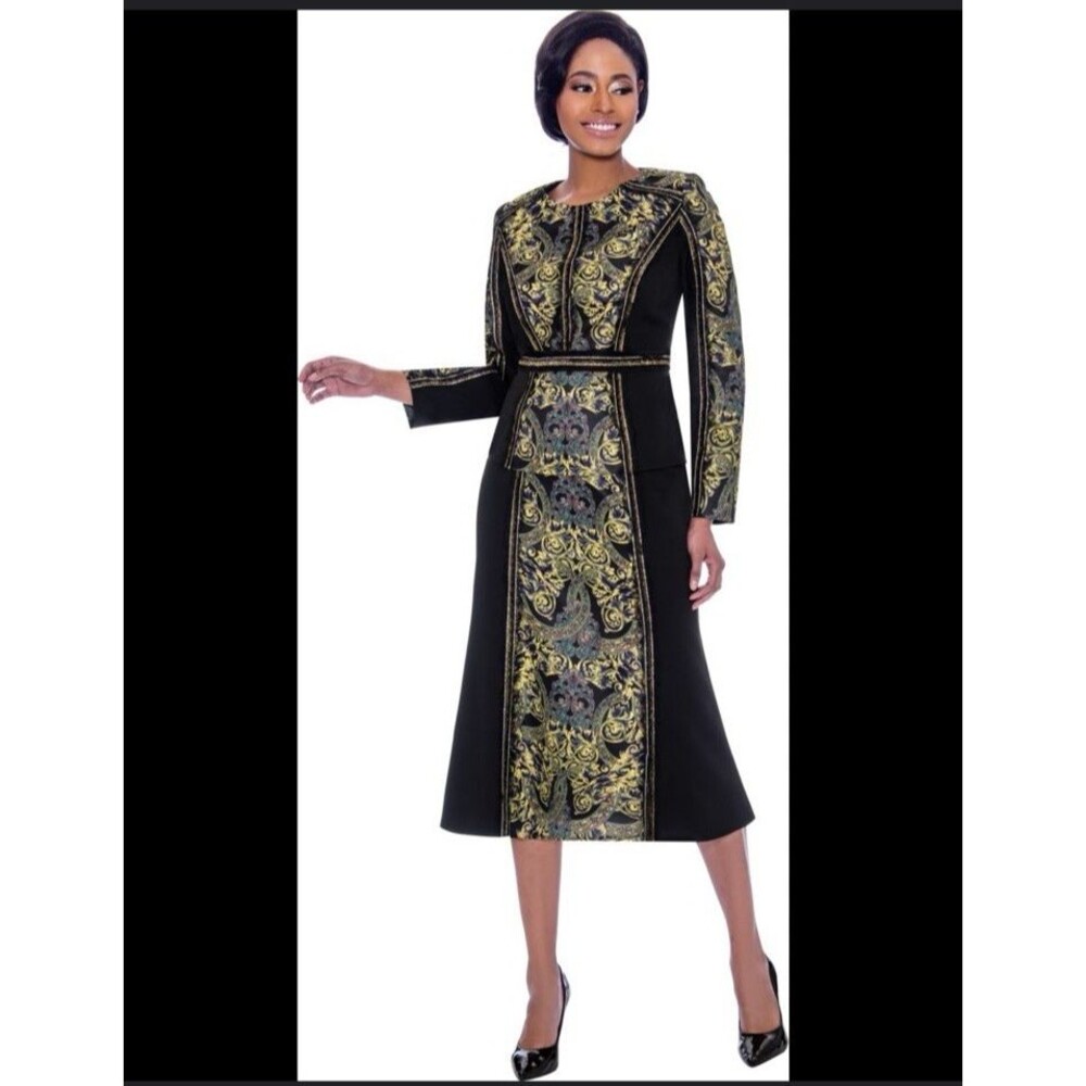 Skirt Suit Susanna By Teramina Slimming Black Gold Size 14 Long Sleeve Elegant